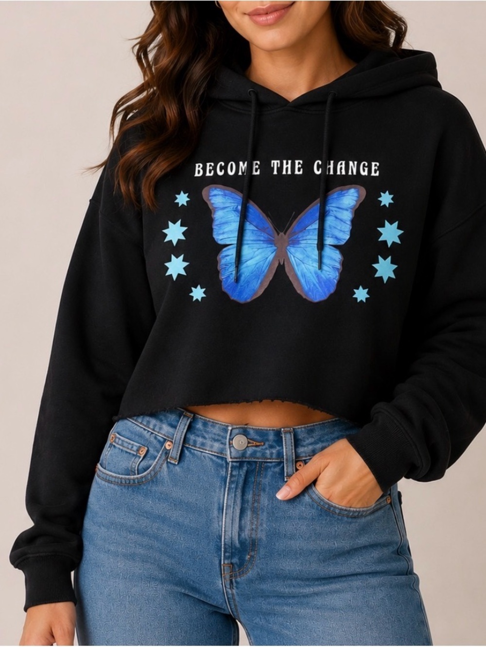 Mighty Fine Black Cropped Hoodie Blue Butterfly Graphic “Become the Change” SZ M